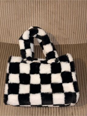 Call It Spring Black & White Checkerboard Faux Fur Tote